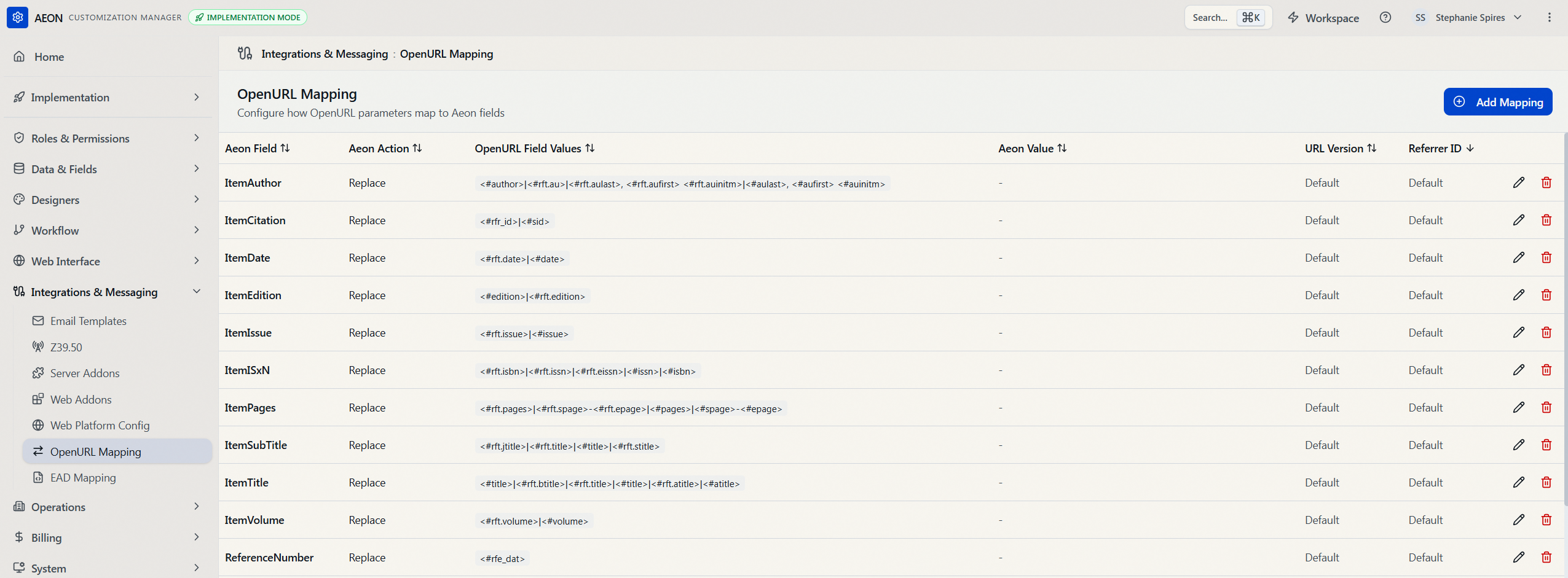 The OpenURL Mapping table in the Customization Manager (Integrations & Messaging > OpenURL Mapping), showing seeded Replace rows across the Aeon Field, Aeon Action, OpenURL Field Values, Aeon Value, URL Version, and Referrer ID columns, with the Add Mapping button