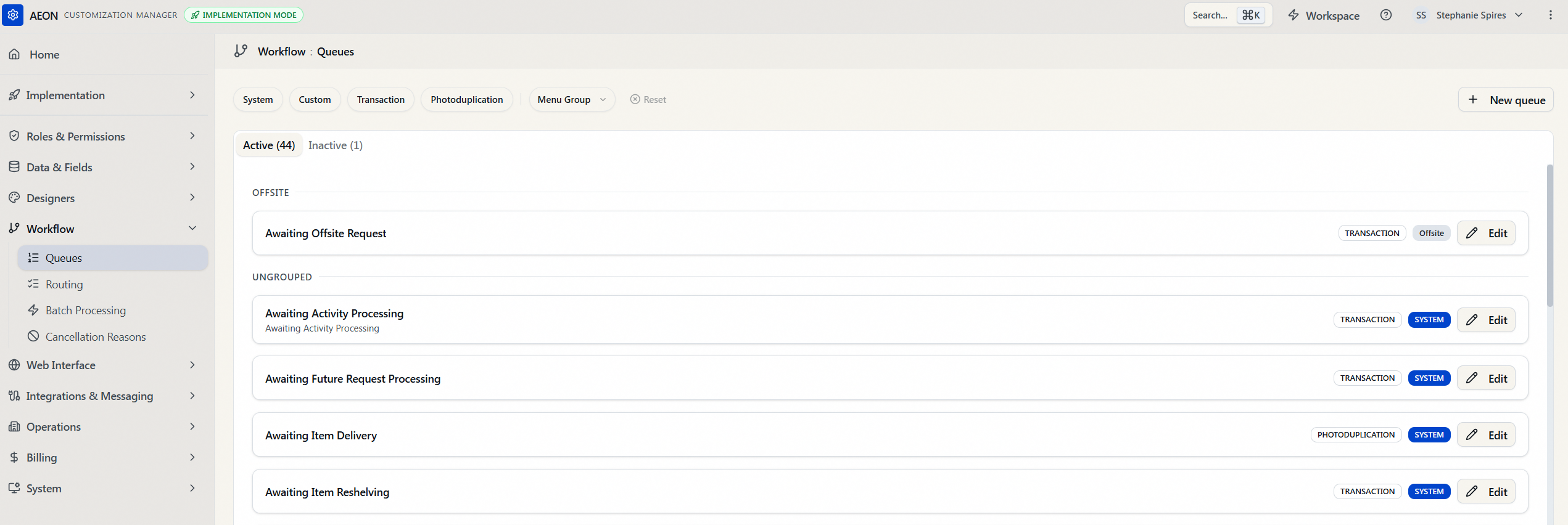 The Queues page in the Customization Manager (Workflow > Queues) showing the Active and Inactive tabs, the System/Custom/Transaction/Photoduplication/Menu Group filter chips, and queue cards grouped by menu group with Transaction/Photoduplication and System badges and Edit buttons