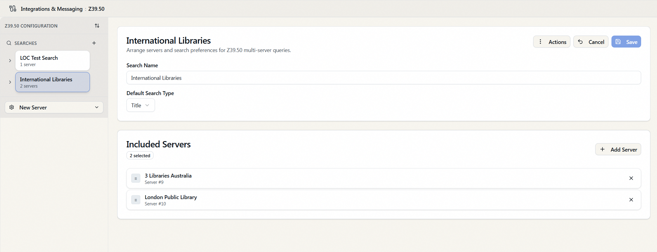 The Z39.50 two-pane configuration editor: the Searches sidebar on the left with a search selected, and that search's detail form on the right