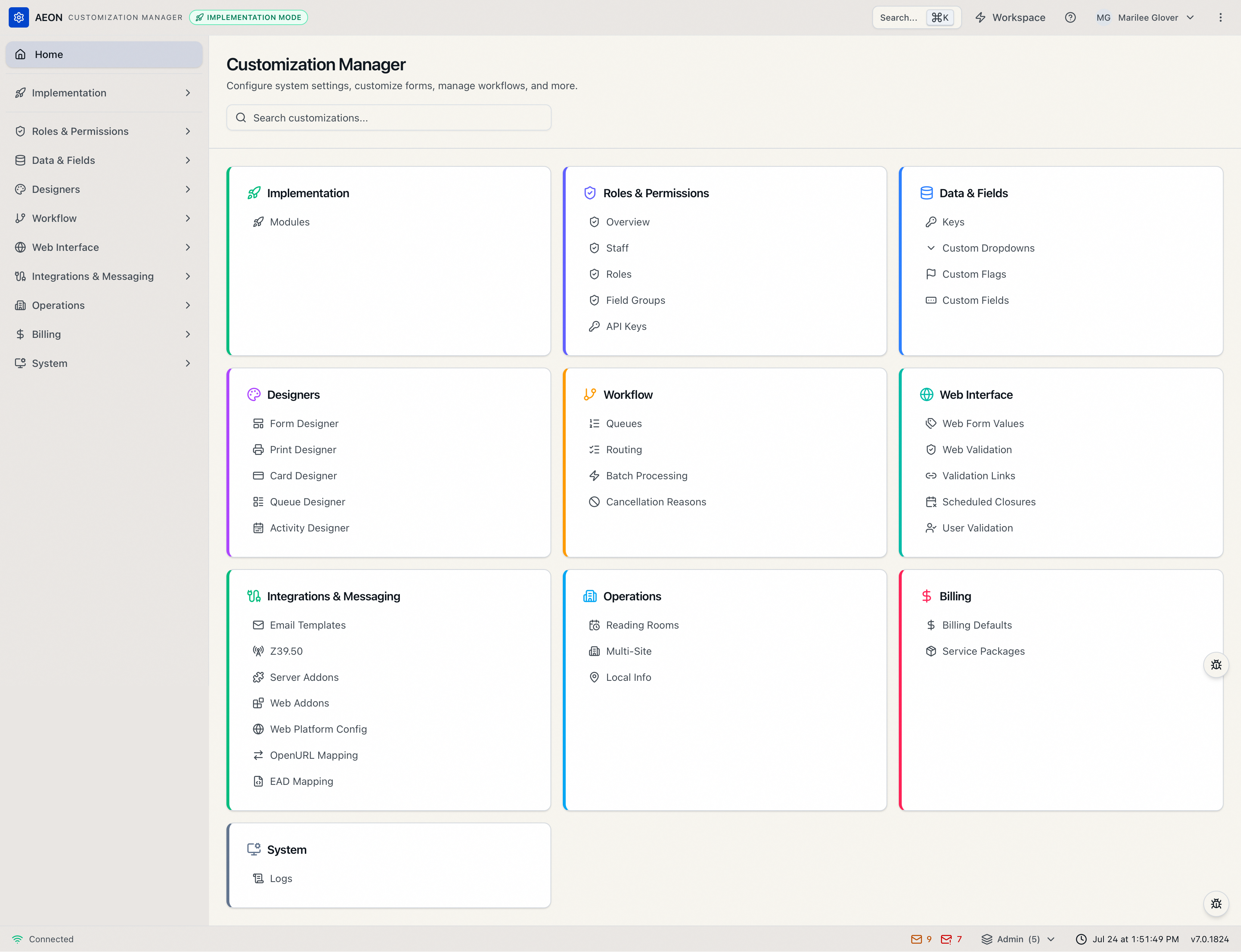 Customization Manager home screen showing the search box and the category-card grid
