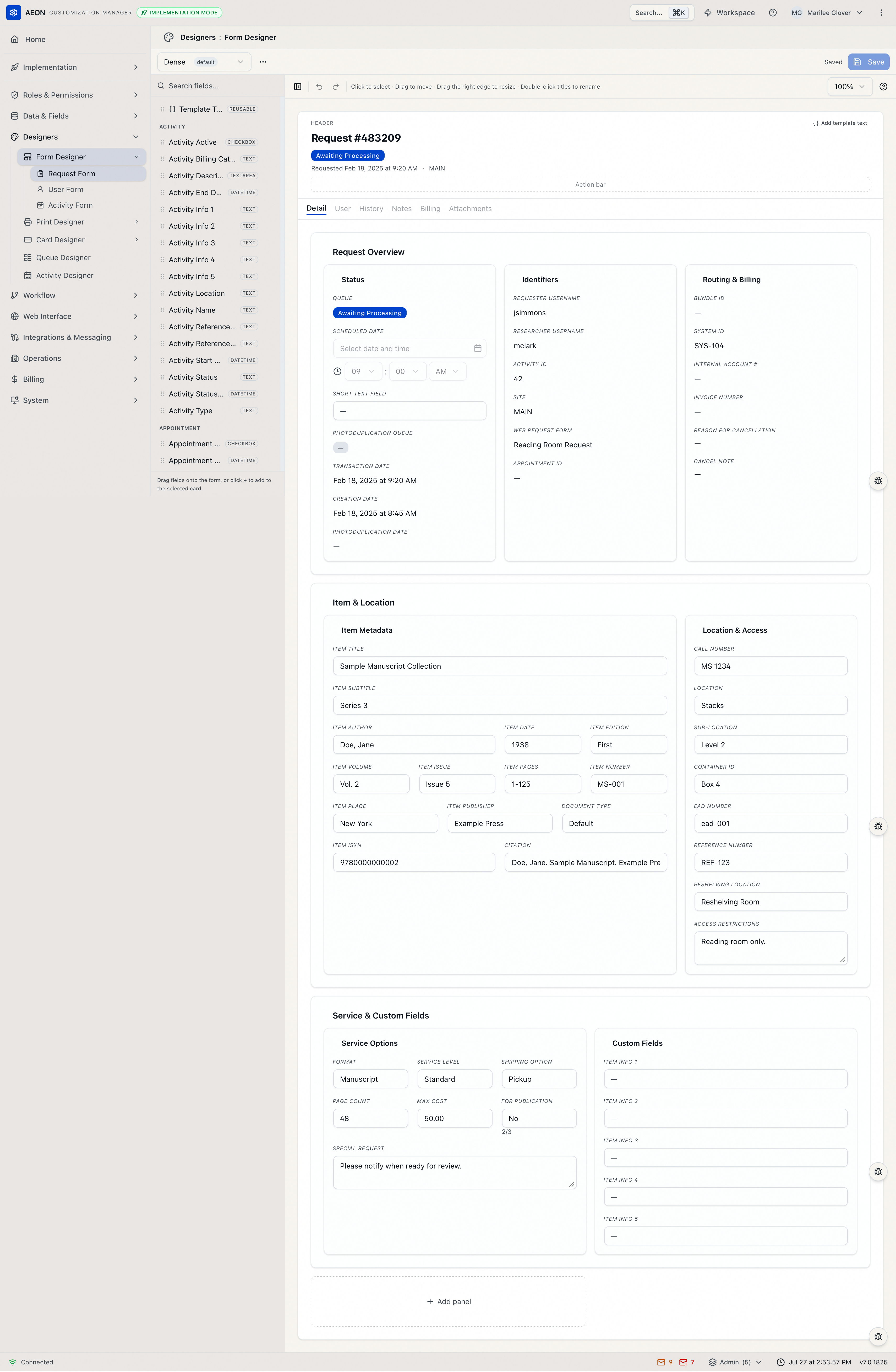 Form Designer workspace for the Request form: the template toolbar, the field palette, and the editable canvas