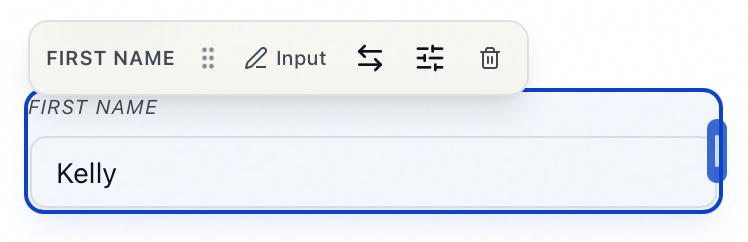 A selected user field's floating toolbar in the Form Designer (First Name): Display mode, Swap field, Field options, and Remove