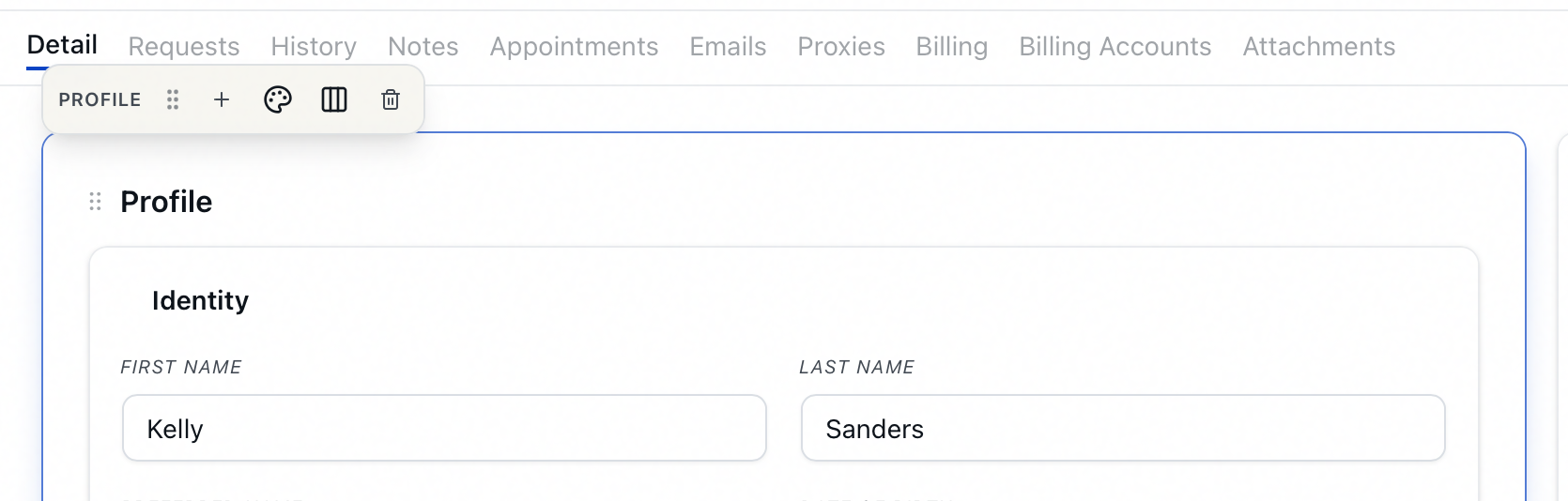 A selected panel's floating toolbar on the User form (Profile): Add card, style, layout, and remove controls