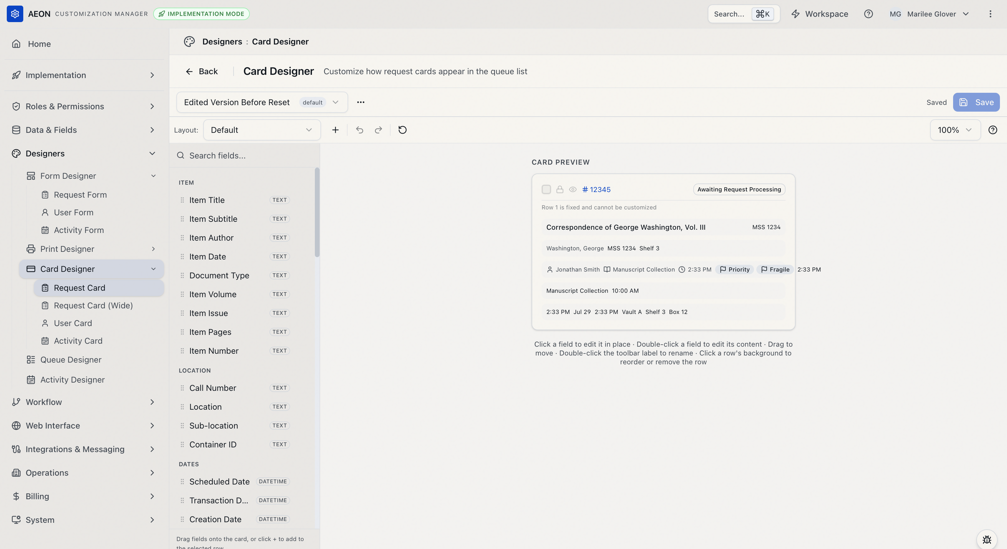 Card Designer workspace for the Request card: the template toolbar, Layout selector, Fields palette, and Card Preview
