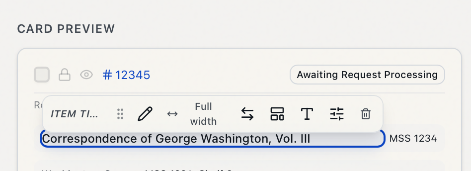 A selected card field's floating toolbar (Item Title): Edit content, Width, Swap, Display style, Typography, Field options, and Remove