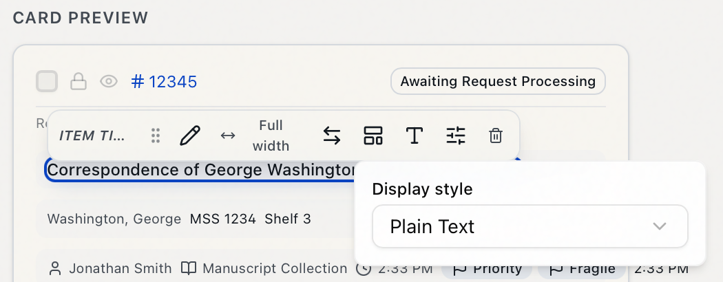 The Display style popover on a card field's floating toolbar, set to Plain Text
