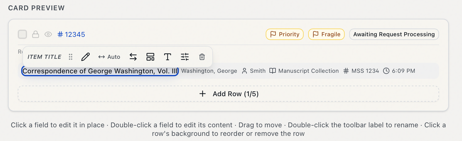 A selected field's floating toolbar on the wide request card (Item Title): Edit content, Width, Swap, Display style, Typography, Field options, and Remove