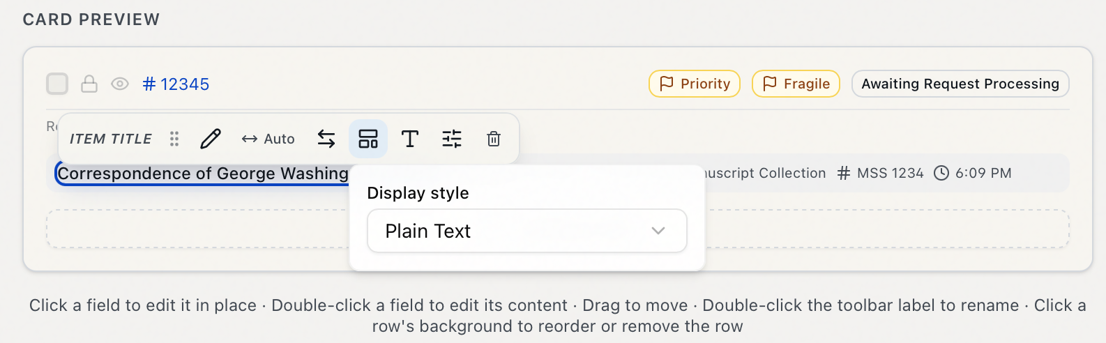 The Display style popover on a wide request card field, set to Plain Text