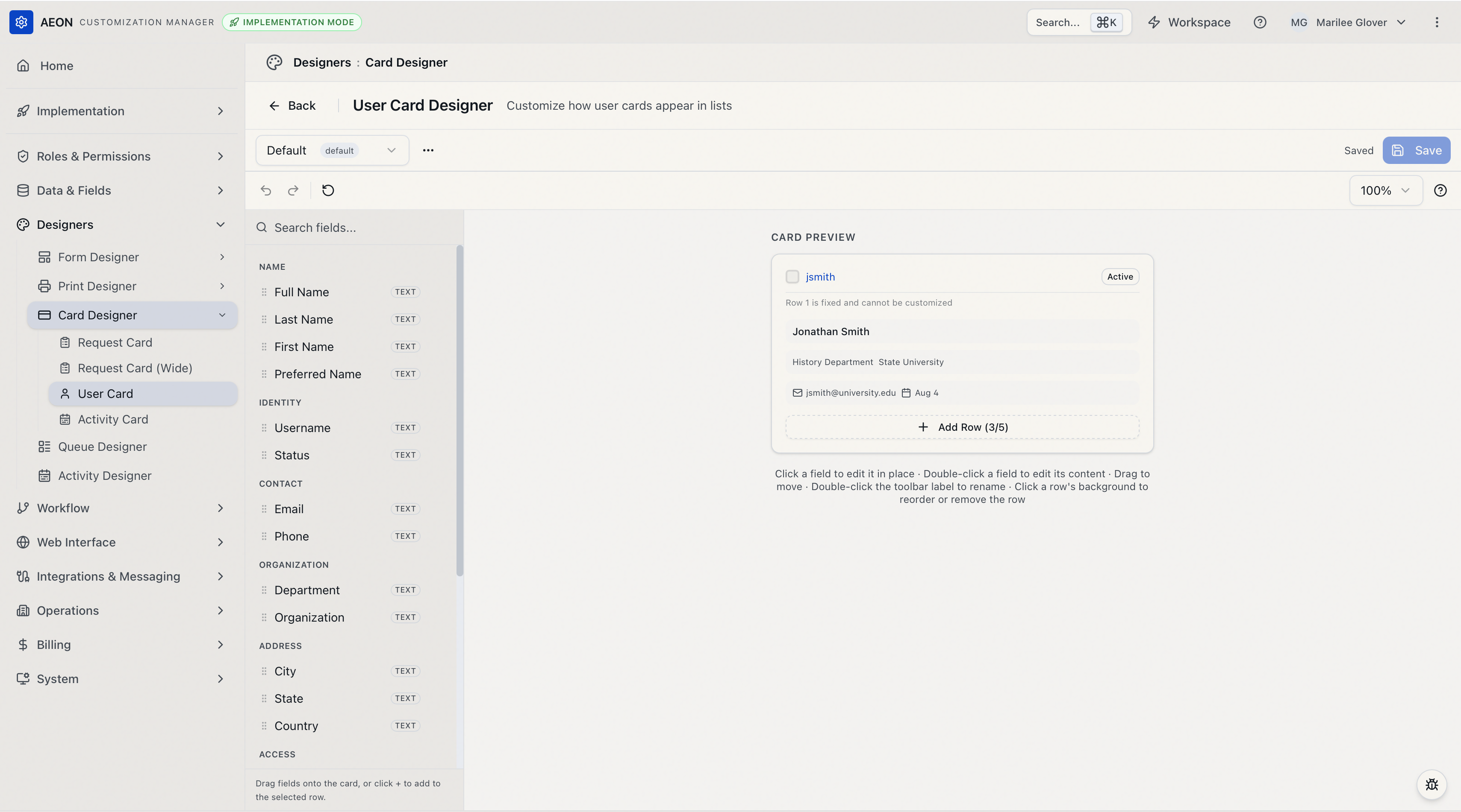 User Card Designer workspace: the Fields palette on the left and the card preview showing the built-in user card — the fixed username and status row, then full name, then department and organization, then email and expiration date