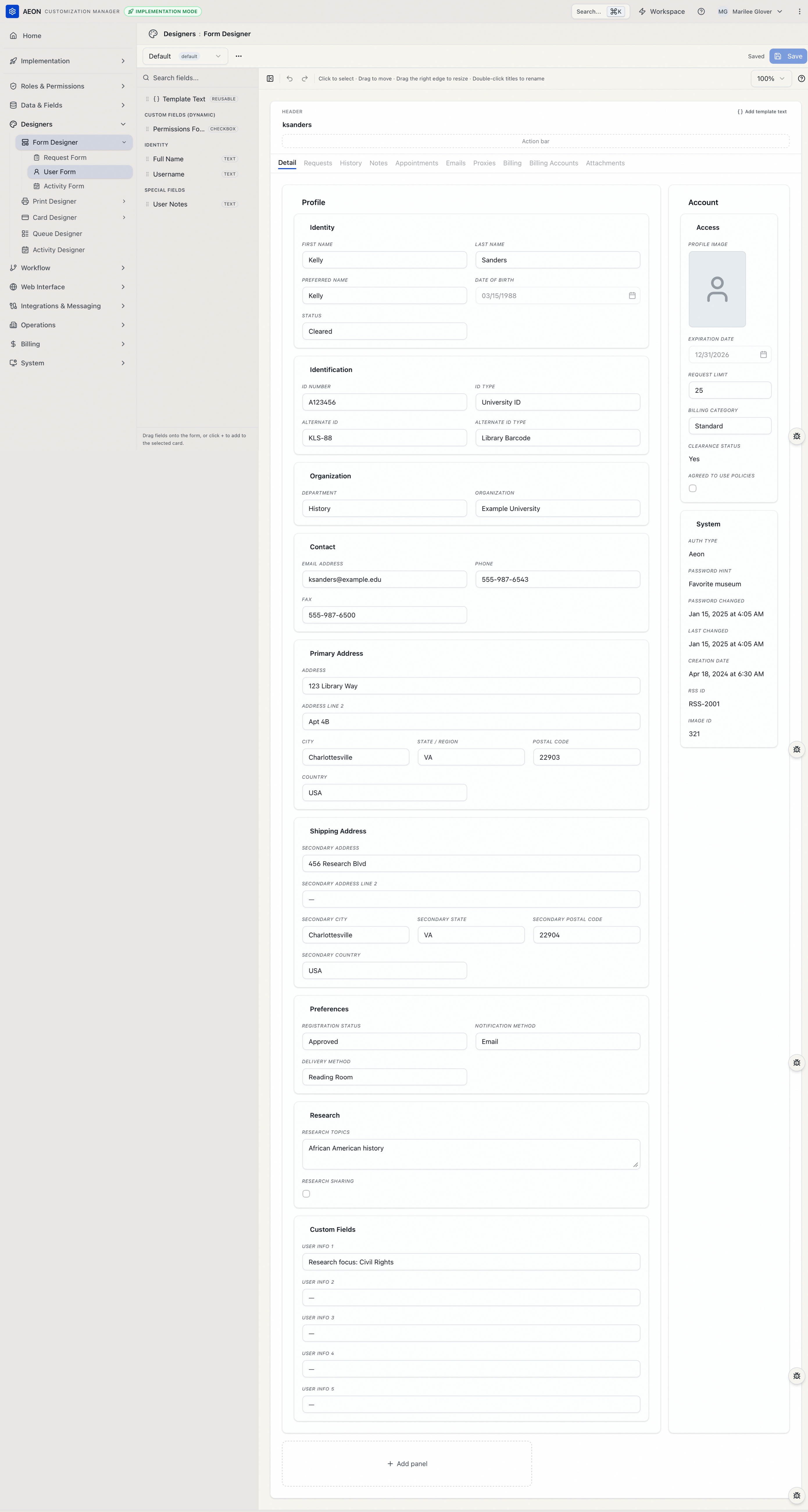 Form Designer workspace for the User form: a patron record with Profile and Account panels on the editable canvas