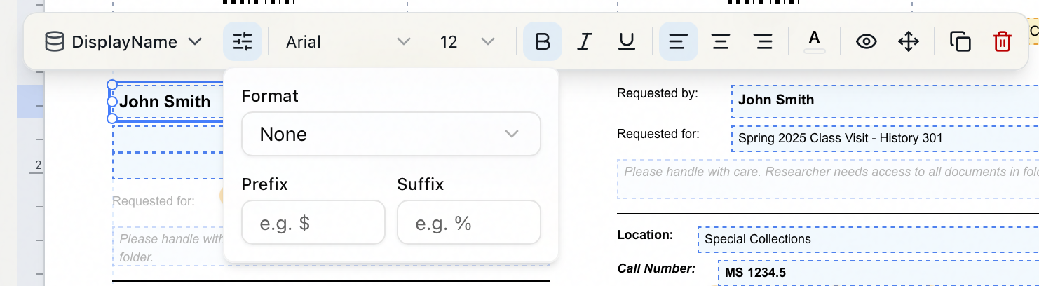 The Format popover on a selected field, with the Format menu set to None and empty Prefix and Suffix boxes
