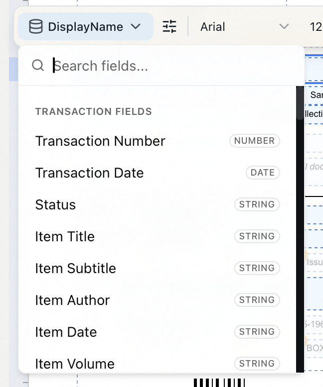 The searchable field picker opened from a selected field's field button, listing Transaction Fields with data-type badges