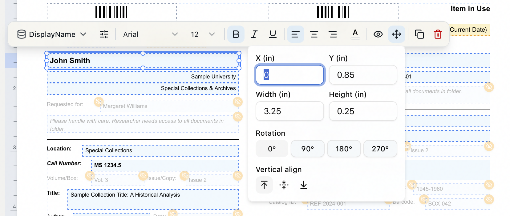 The Position and size popover on a selected element, with X, Y, Width and Height in inches, Rotation presets of 0, 90, 180 and 270 degrees, and vertical alignment buttons