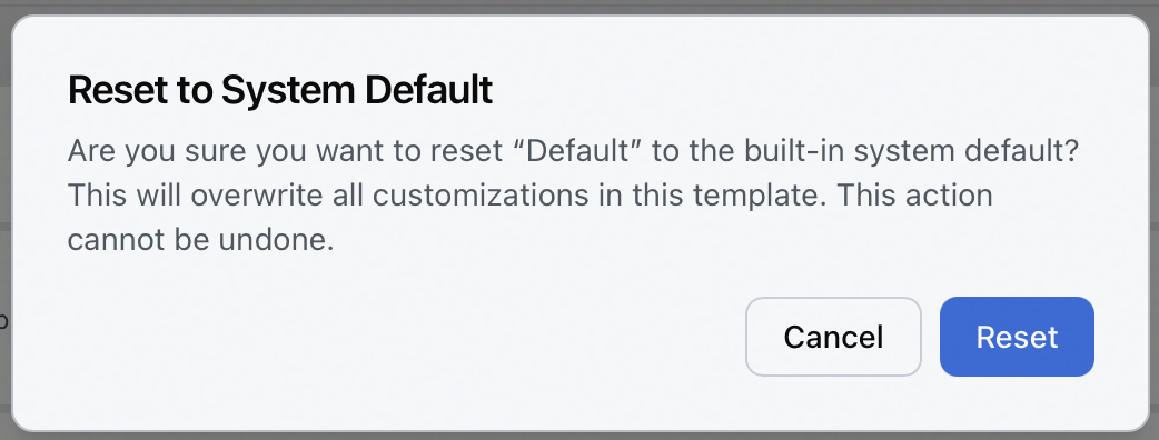 The Reset to System Default confirmation dialog in the Activity Designer, naming the template and warning that the action overwrites all customizations and cannot be undone, with Cancel and Reset buttons
