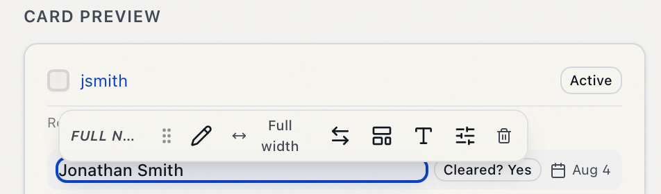 A selected Full Name field in the User Card Designer preview with its floating toolbar above it, showing Edit content, the Width control set to Full width, Swap field, Display style, Typography, Field options, and Remove field
