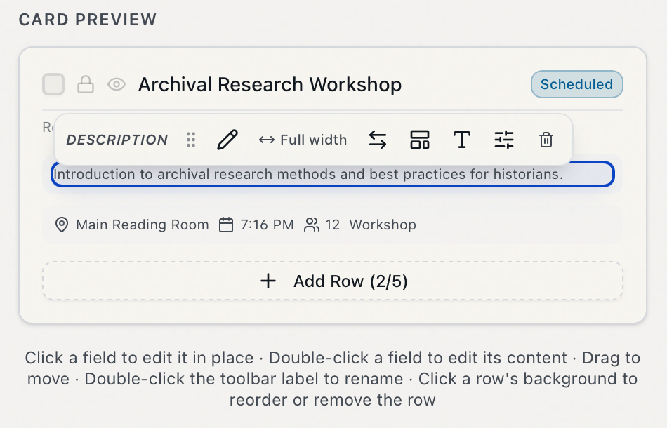 A selected Description field in the Activity Card Designer preview with its floating toolbar above it, showing Edit content, the Width control set to Full width, Swap field, Display style, Typography, Field options, and Remove field