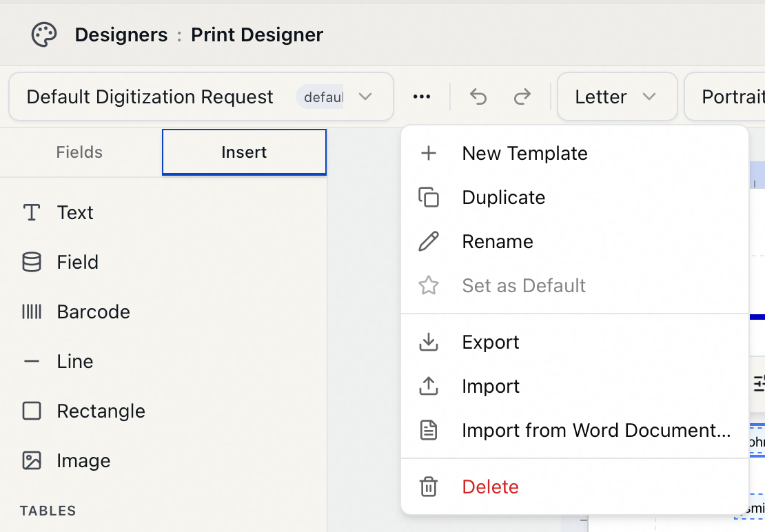 The digitization request template menu listing New Template, Duplicate, Rename, a grayed-out Set as Default, Export, Import, Import from Word Document, and Delete