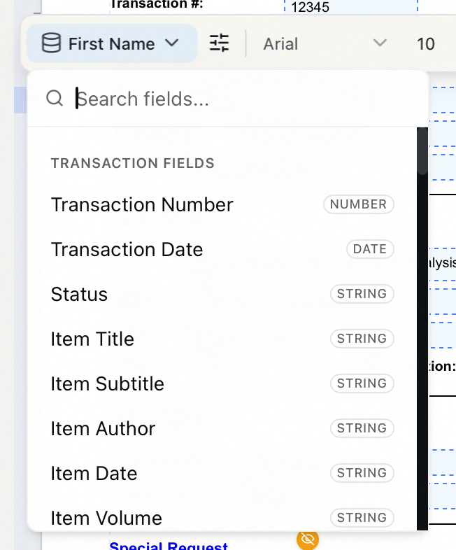 The searchable field picker opened from a selected field, listing Transaction Fields with data-type badges
