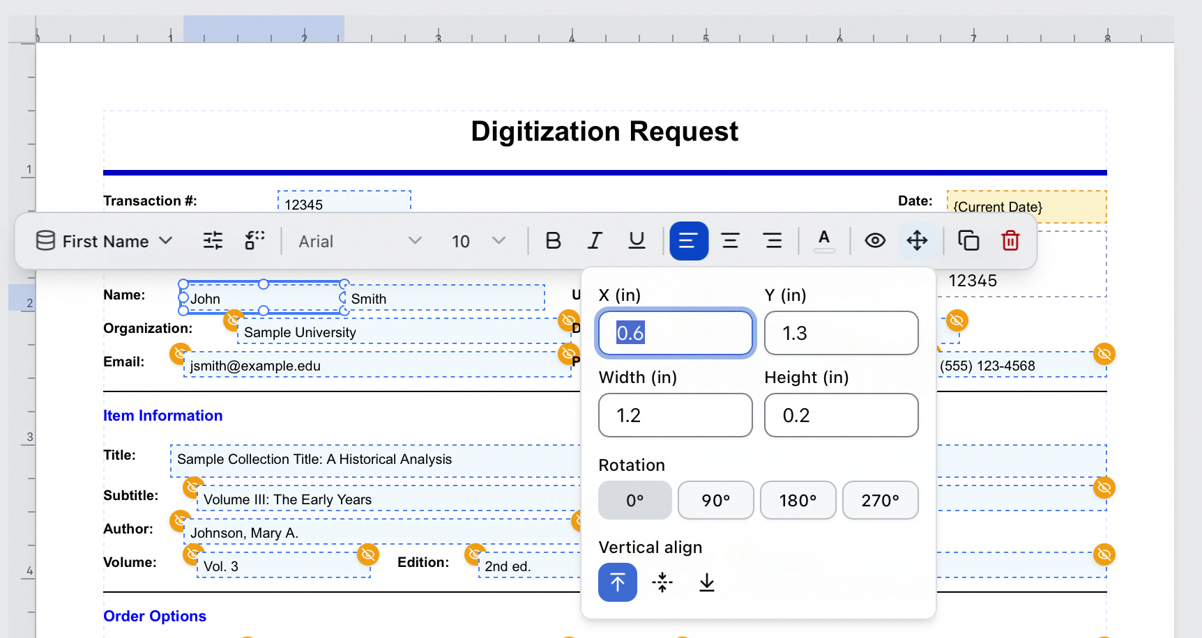 The Position and size popover on a selected element, with X, Y, Width and Height in inches, Rotation presets of 0, 90, 180 and 270 degrees, and vertical alignment buttons