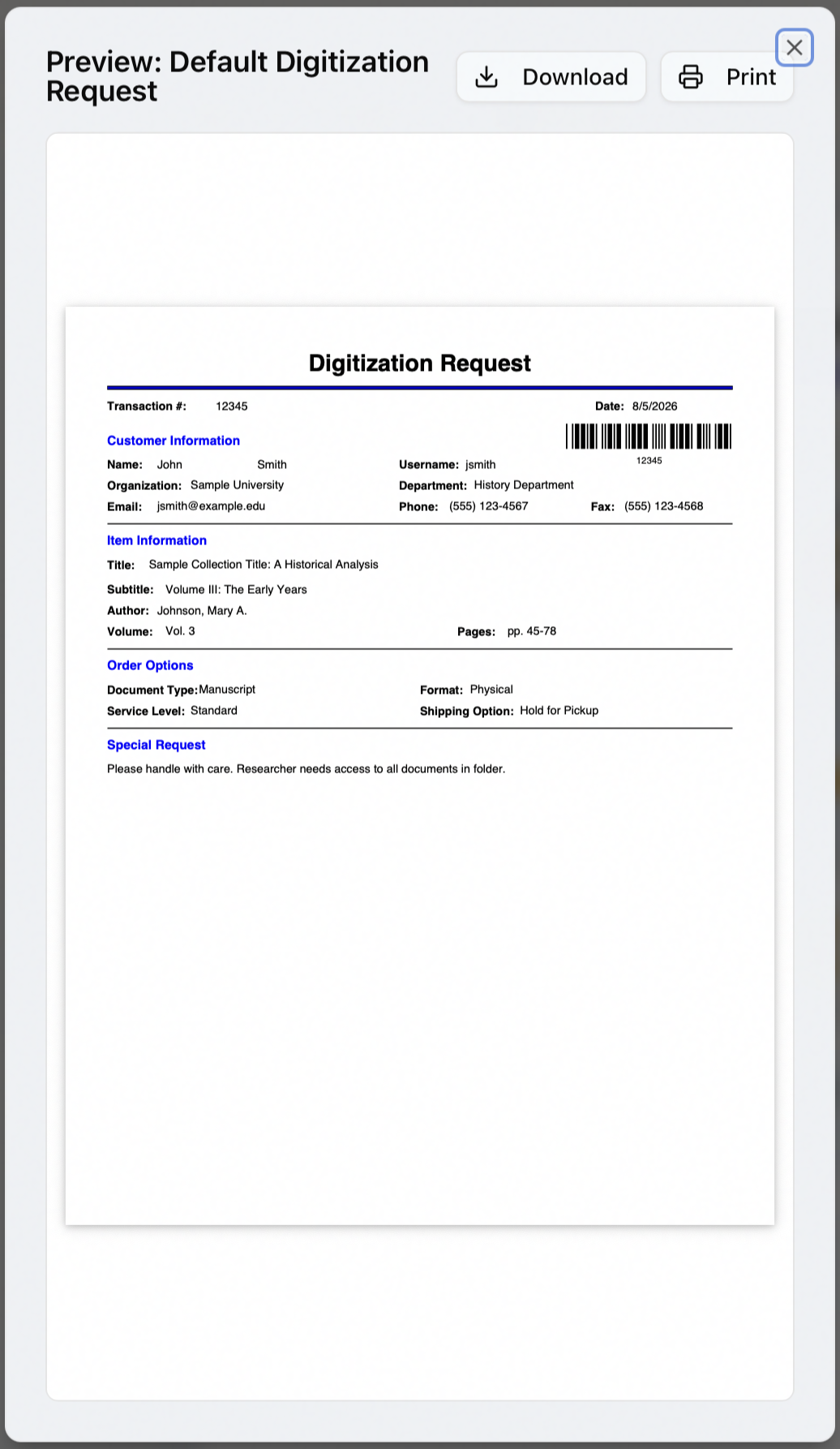 The Preview: Default Digitization Request dialog rendering the sheet to PDF with Download and Print buttons, showing the Customer Information, Item Information, Order Options and Special Request sections