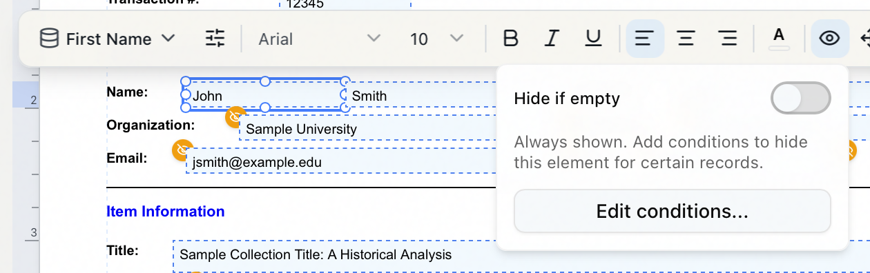 The Visibility conditions popover on a selected element, showing the Hide if empty toggle switched off with a note that the element is always shown, and an Edit conditions button