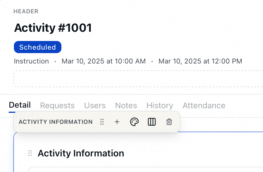 The selected Activity Information panel on the Form Designer canvas with its floating toolbar showing the Add card, Styling, Layout, and remove controls, above the activity header and tab strip