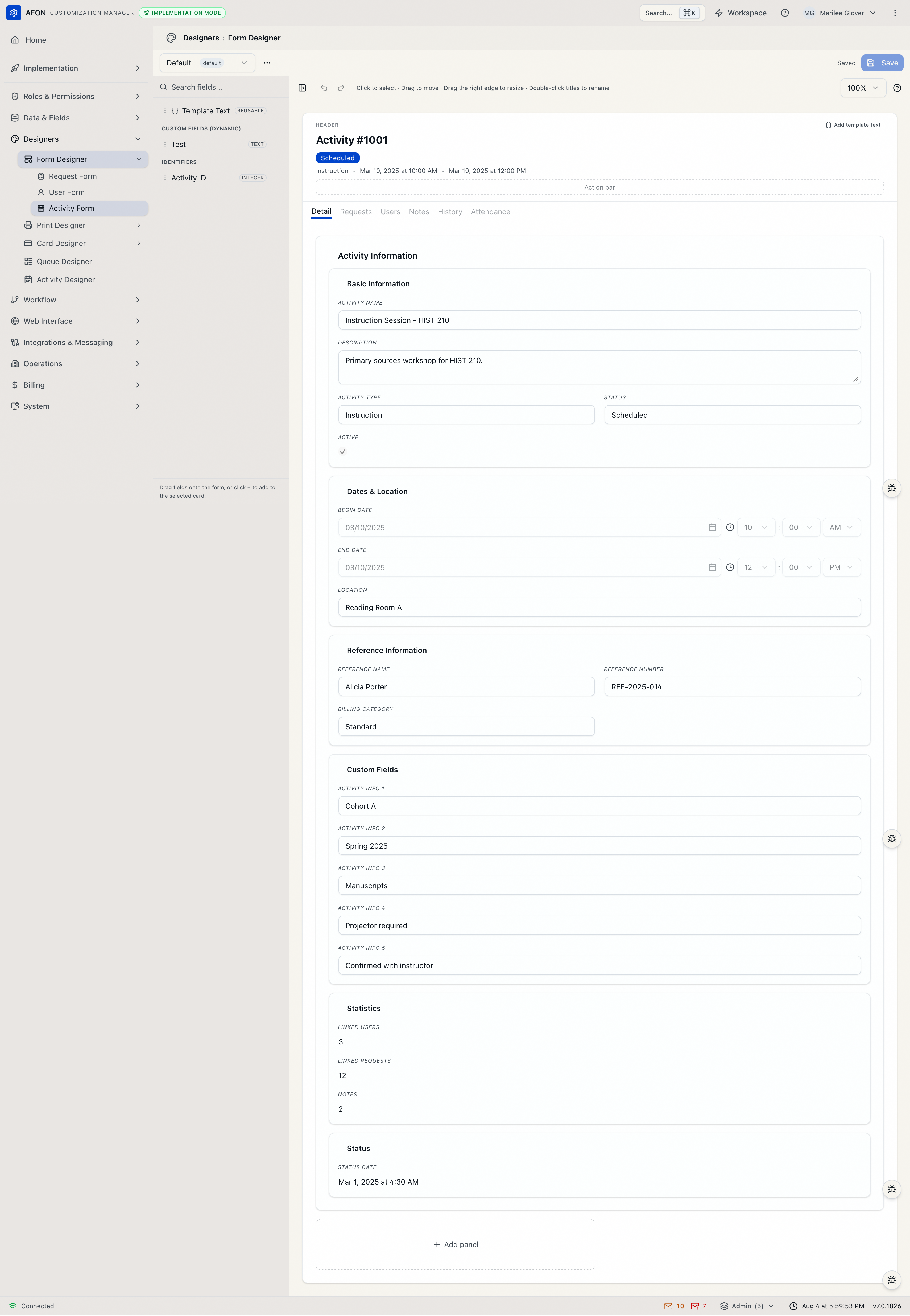 The Form Designer editing the Activity form: the Activity Form entry selected in the Designers menu, the Default template selector, the field palette, and the activity detail page on the canvas with its Detail tab active and the Requests, Users, Notes, History, and Attendance tabs grayed out