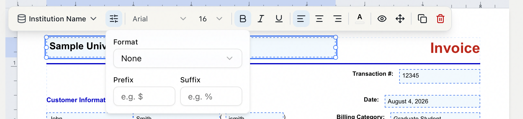 The Format popover on a selected invoice field, with the Format menu set to None and empty Prefix and Suffix boxes