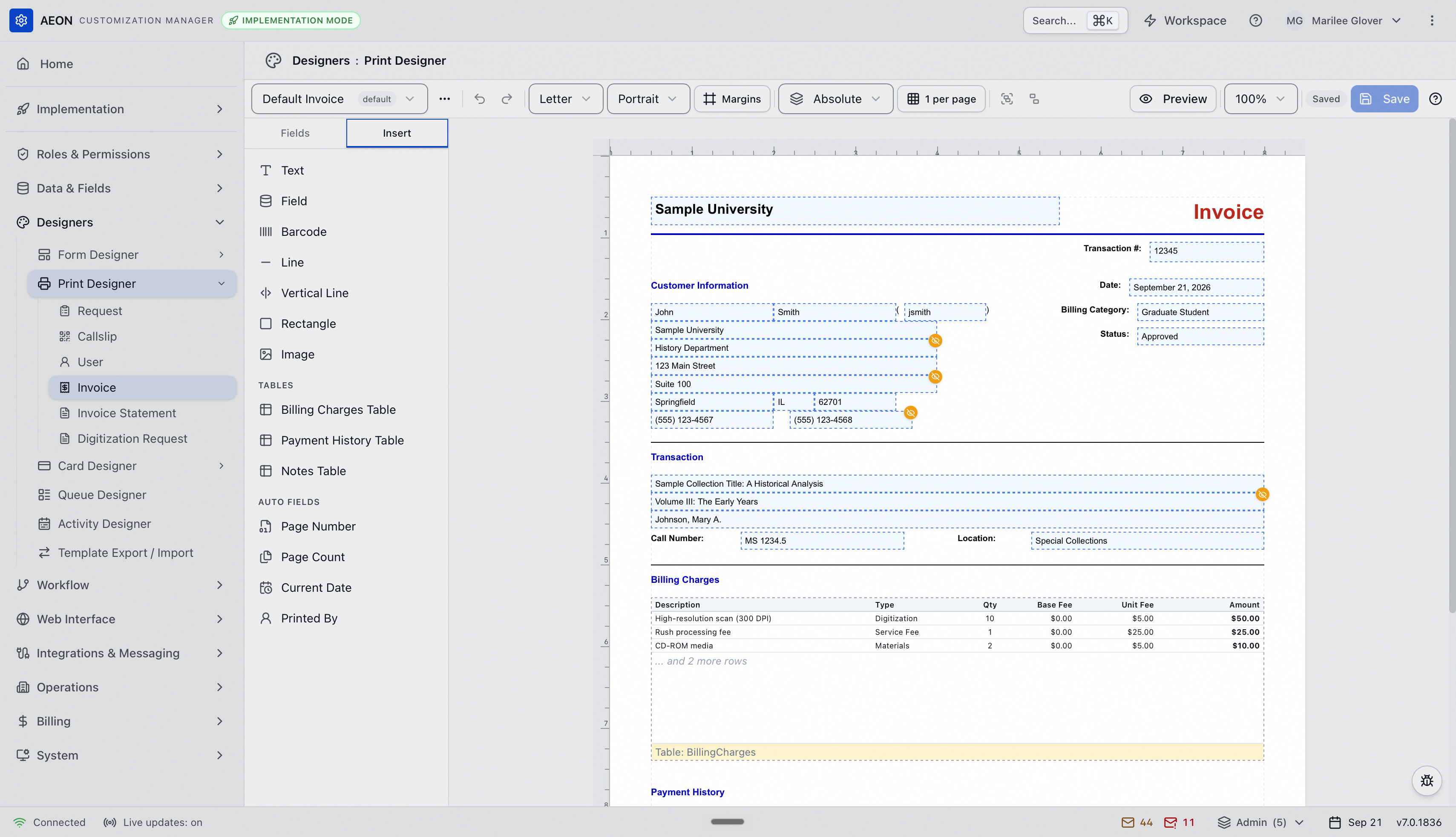 The Insert tab of the invoice designer listing Text, Field, Barcode, Line, Vertical Line, Rectangle and Image, a Tables group with Billing Charges Table, Payment History Table and Notes Table, and an Auto Fields group with Page Number, Page Count, Current Date and Printed By