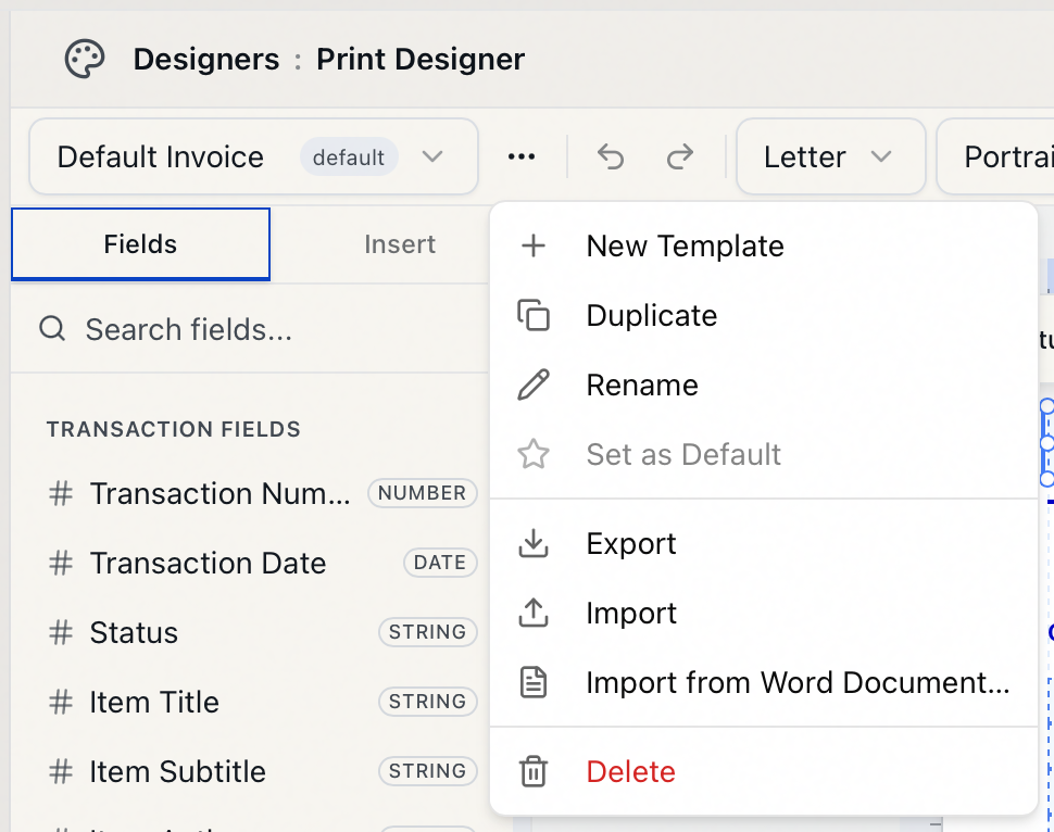 The invoice template menu listing New Template, Duplicate, Rename, a grayed-out Set as Default, Export, Import, Import from Word Document, and Delete
