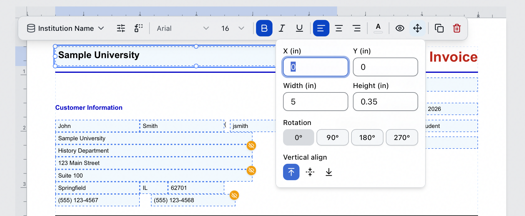 The Position and size popover on a selected field, with X, Y, Width and Height in inches, Rotation presets of 0, 90, 180 and 270 degrees, and vertical alignment buttons