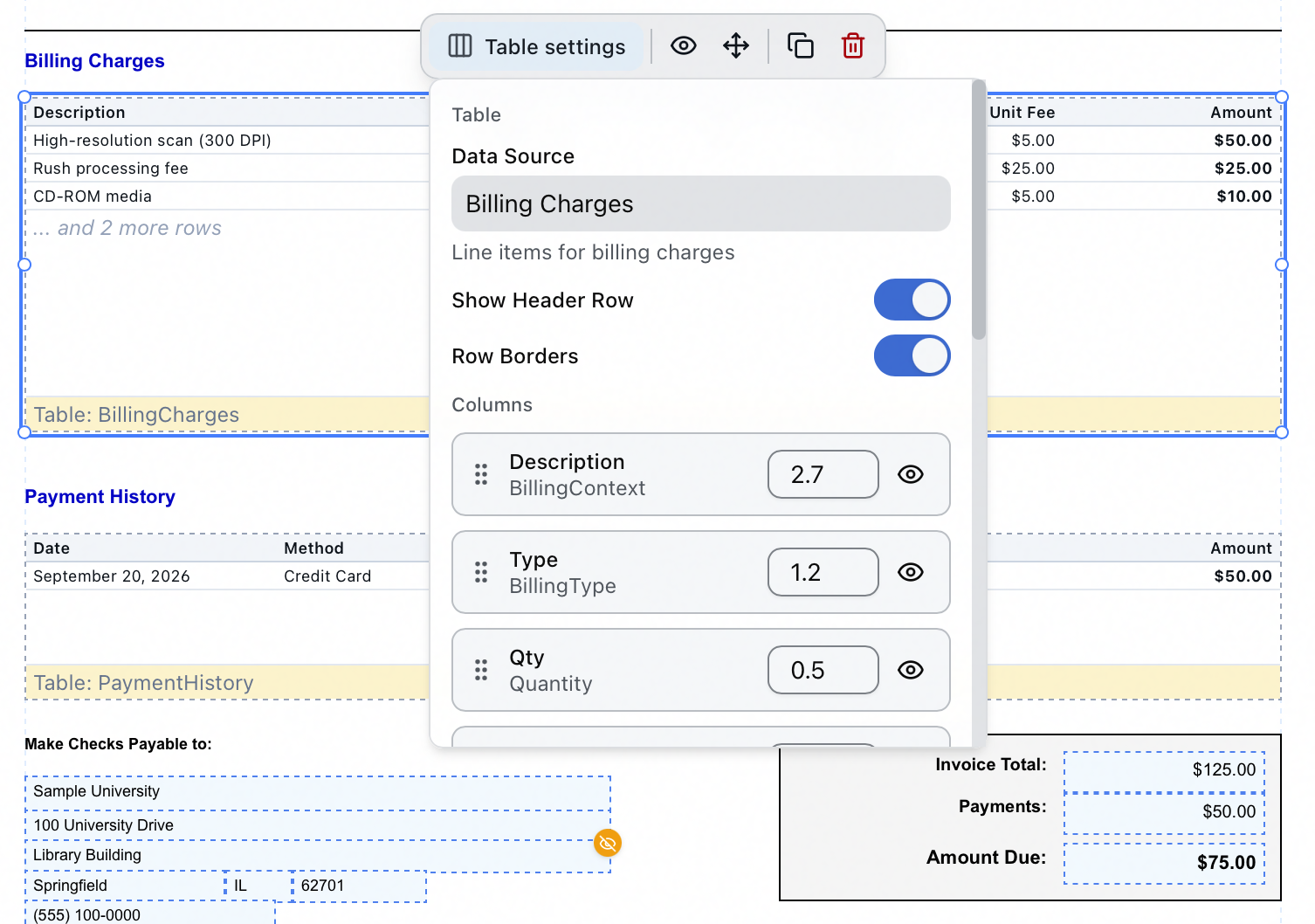 The Table settings popover on a selected Billing Charges table, showing the Data Source, the Show Header Row and Row Borders toggles, and the Columns list with each column's bound field, its width in inches and a visibility toggle