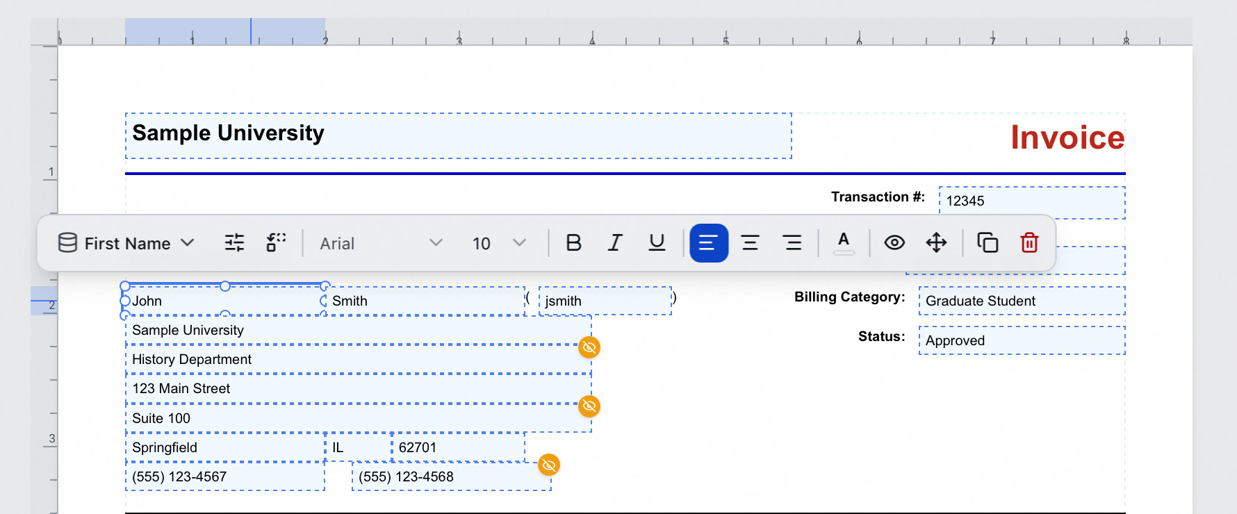 A selected field on the invoice canvas with its floating toolbar above it, showing the bound field button, Format, the fallback field button, font family and size, bold, italic and underline, alignment, text color, visibility conditions, position and size, duplicate, and delete