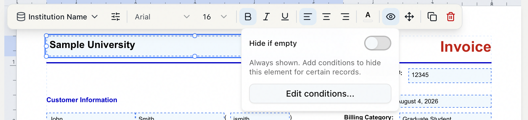 The Visibility conditions popover on a selected element, showing the Hide if empty toggle switched off and an Edit conditions button