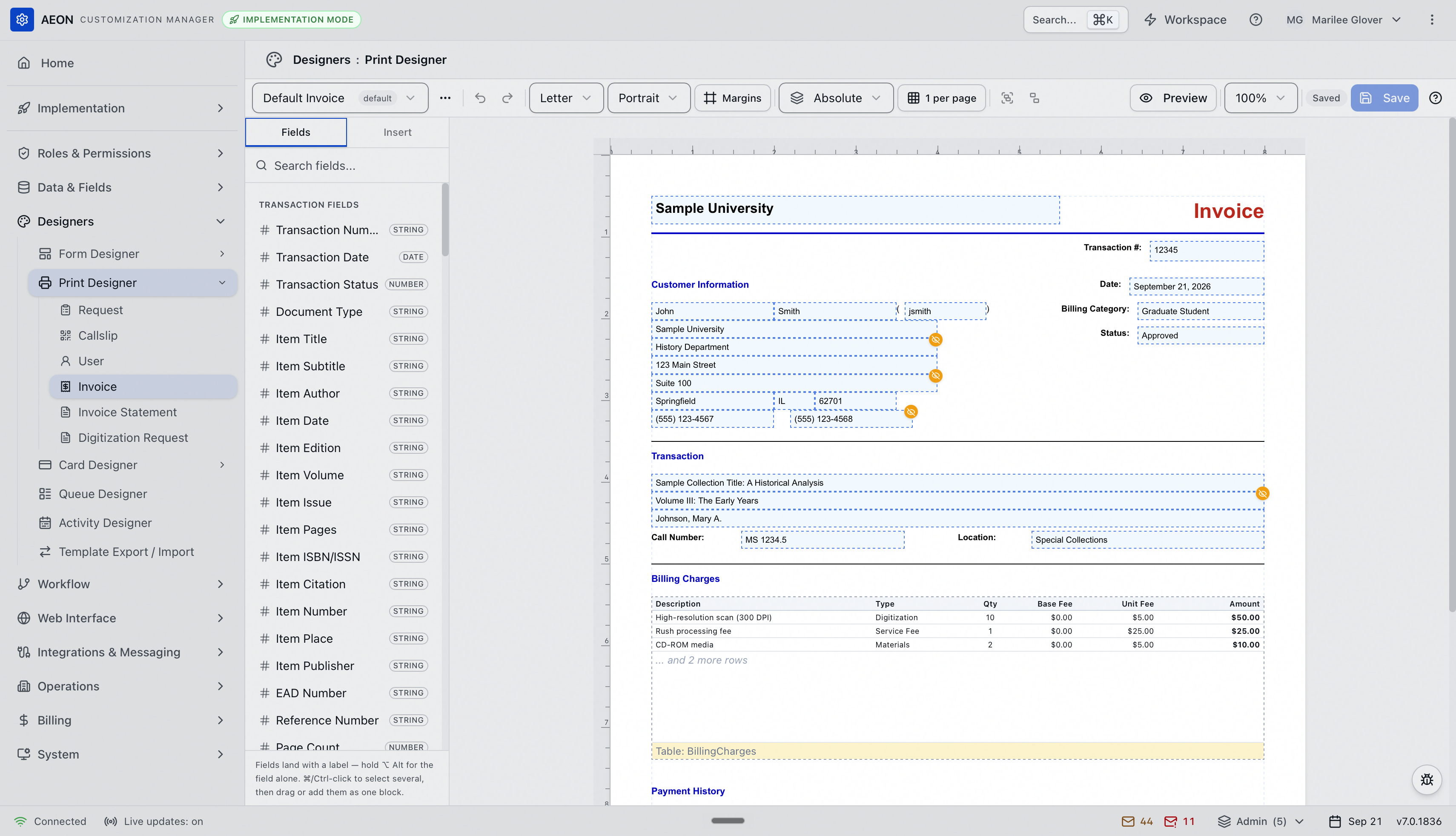 The Print Designer editing an invoice: the Invoice entry selected under Print Designer, the Default Invoice template loaded, the Fields tab open, the toolbar showing Margins and the Absolute layout mode, and the invoice on the canvas with the Billing Charges table showing Description, Type, Qty, Base Fee, Unit Fee and Amount columns