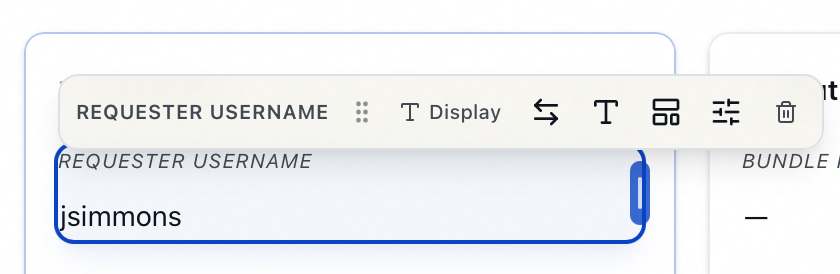 A selected field's floating toolbar in the Form Designer: Display mode, Swap field, Typography, Display, Field options, and Remove