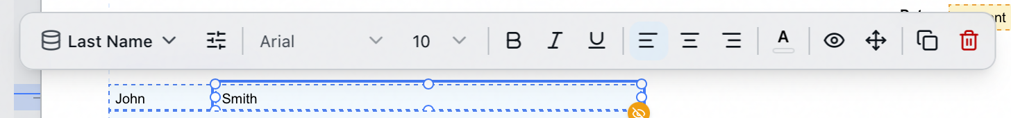 The floating toolbar above a selected field on the invoice statement canvas, with the field button, format, font, size, style, alignment, color, visibility, position, duplicate and delete controls