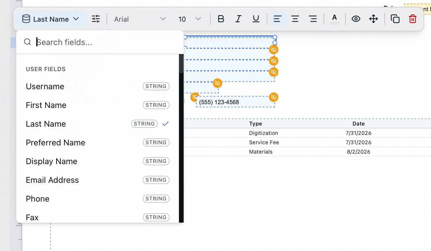 The field picker open from the invoice statement floating toolbar, with a search box, the User Fields list, and a check mark beside the field the element is bound to