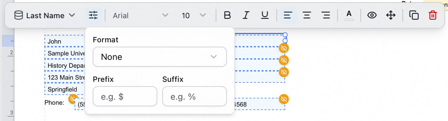 The Format popover for an invoice statement field, with a format dropdown set to None and empty Prefix and Suffix boxes