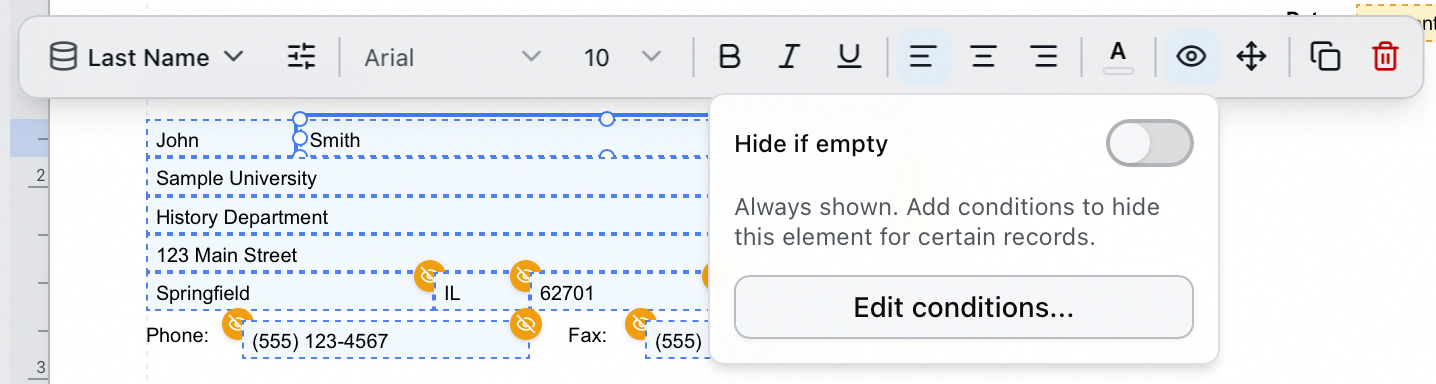 The visibility popover for an invoice statement field, showing the Hide if empty toggle switched off and an Edit conditions button