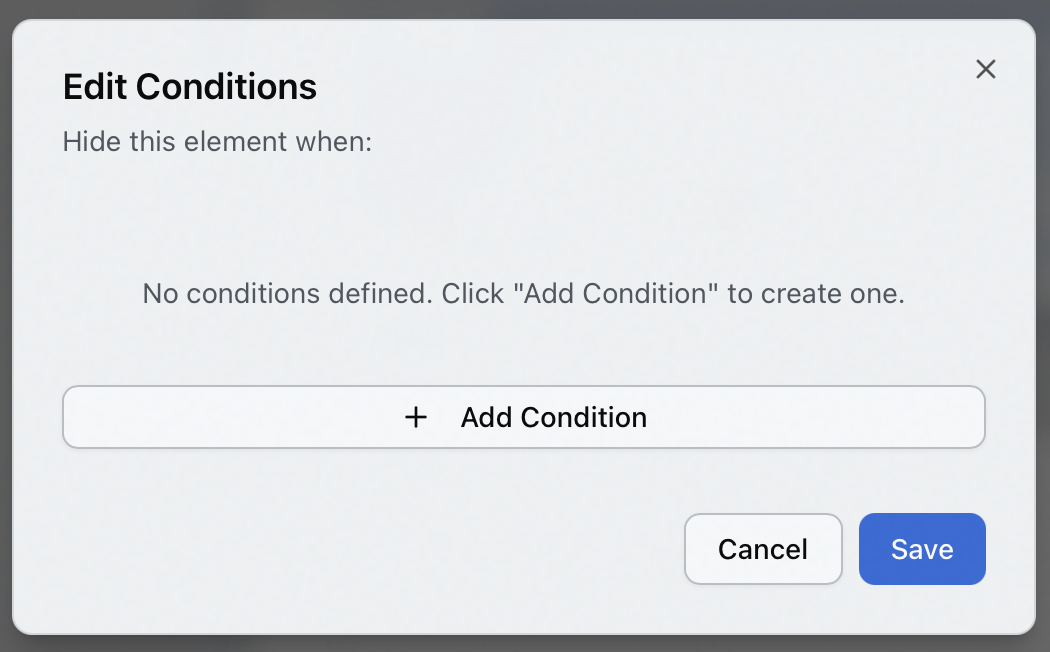The Edit Conditions dialog for an invoice statement element, showing the empty state and the Add Condition, Cancel and Save buttons