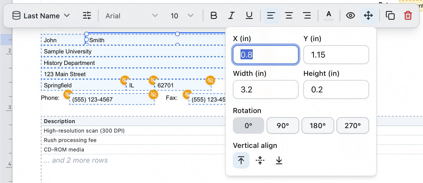 The Position and size popover for an invoice statement field, with X, Y, Width and Height boxes, rotation choices and vertical alignment buttons