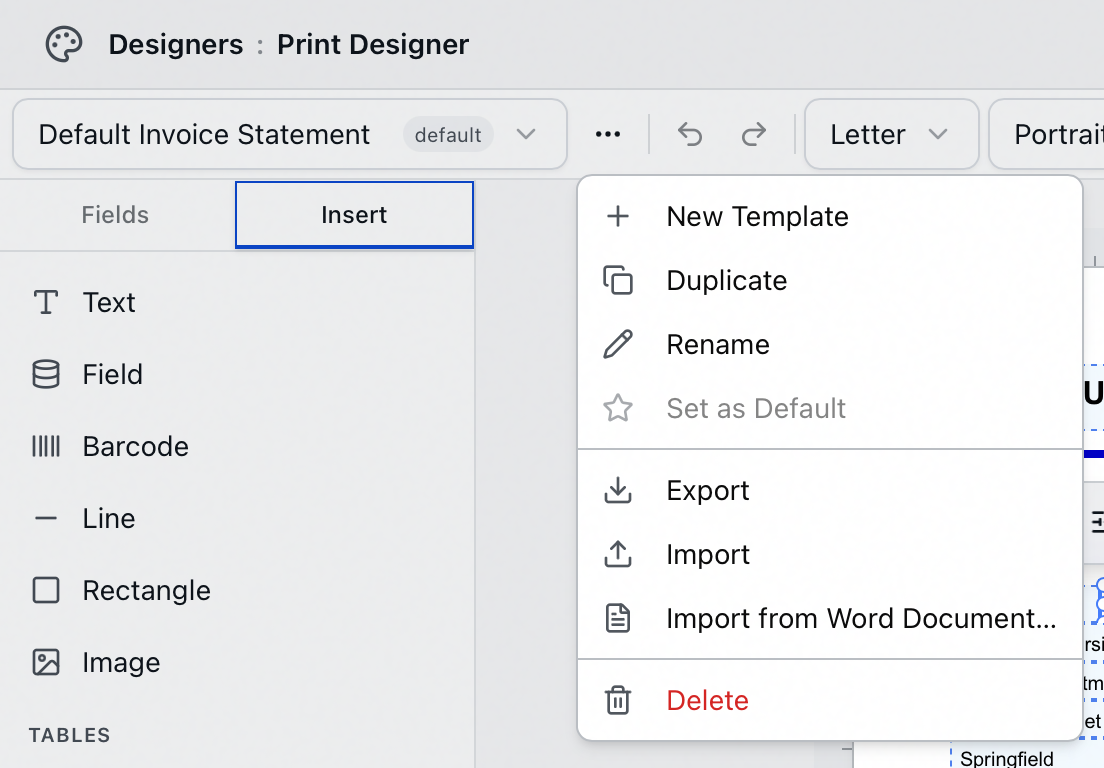 The Print Designer template menu for the invoice statement, listing New Template, Duplicate, Rename, Set as Default, Export, Import, Import from Word Document and Delete