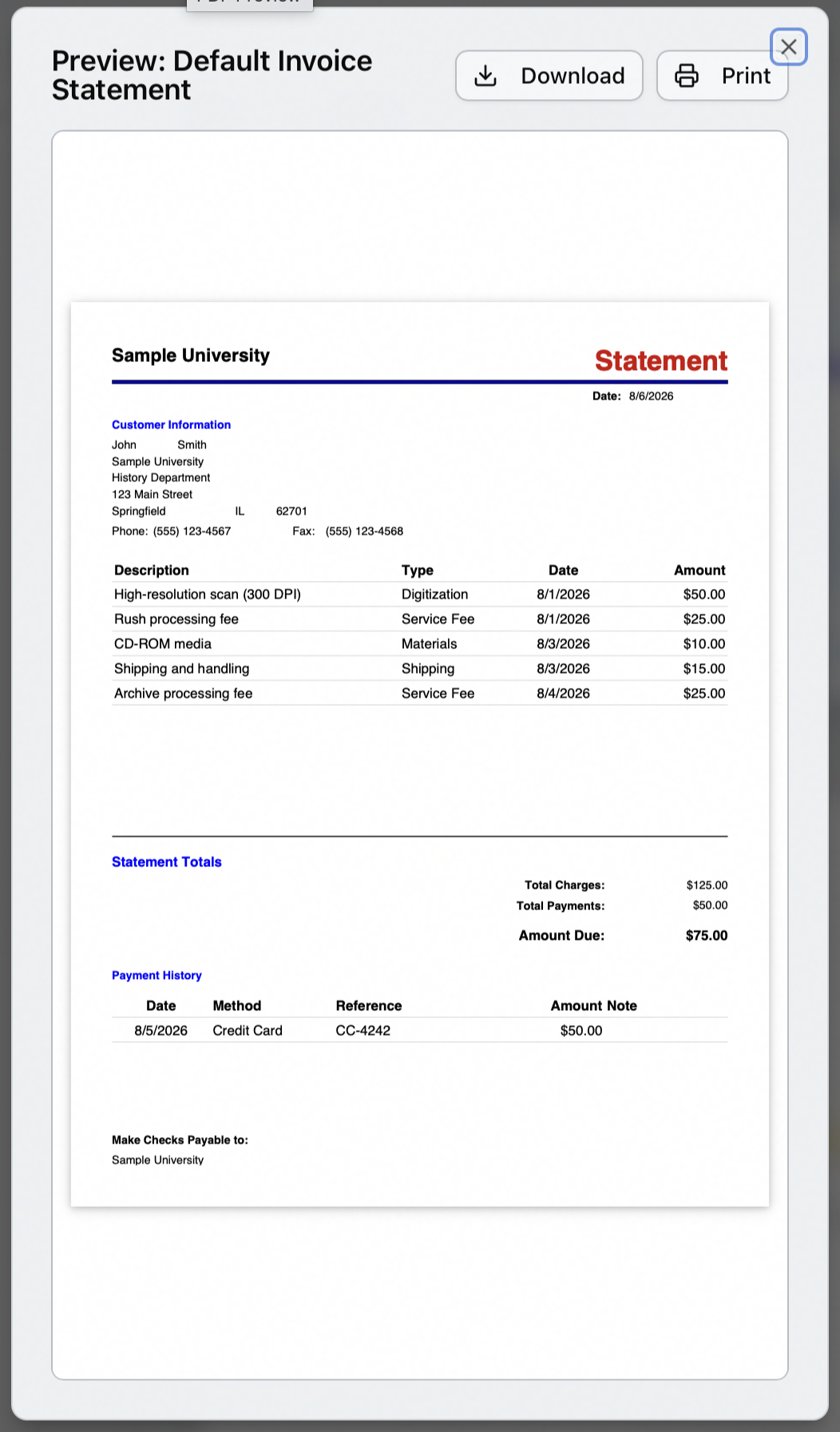 The PDF preview of the default invoice statement, showing the customer block, the billing charges table, the statement totals and the payment history