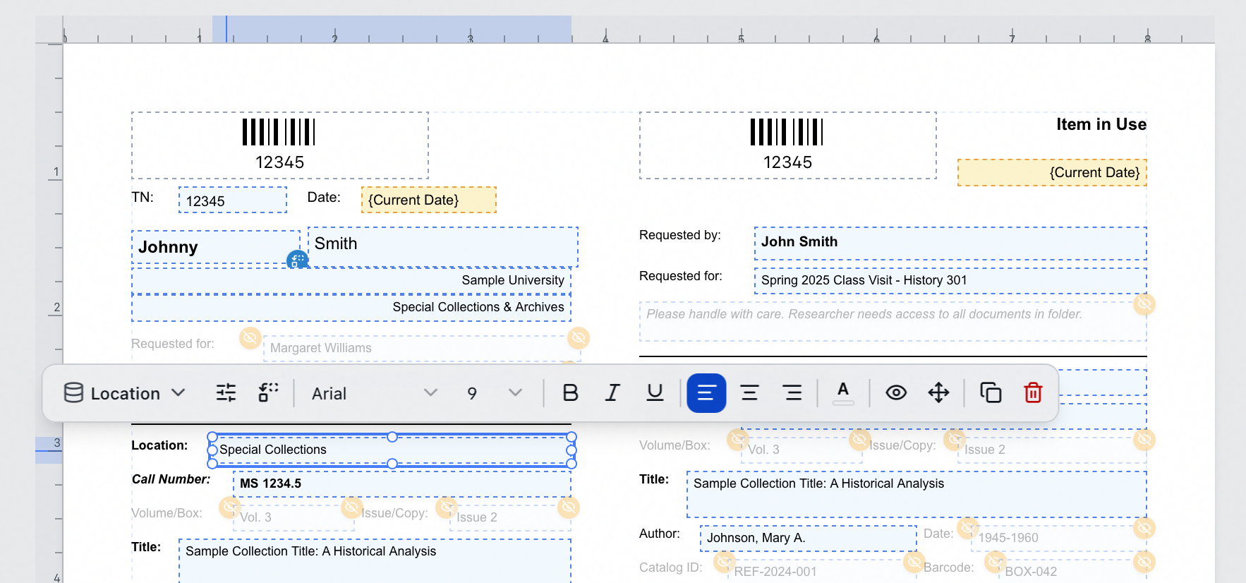 A selected field on the callslip canvas with its floating toolbar above it, showing the bound field button, Format, the fallback field button, font family and size, bold, italic and underline, alignment, text color, visibility, position, duplicate, and delete