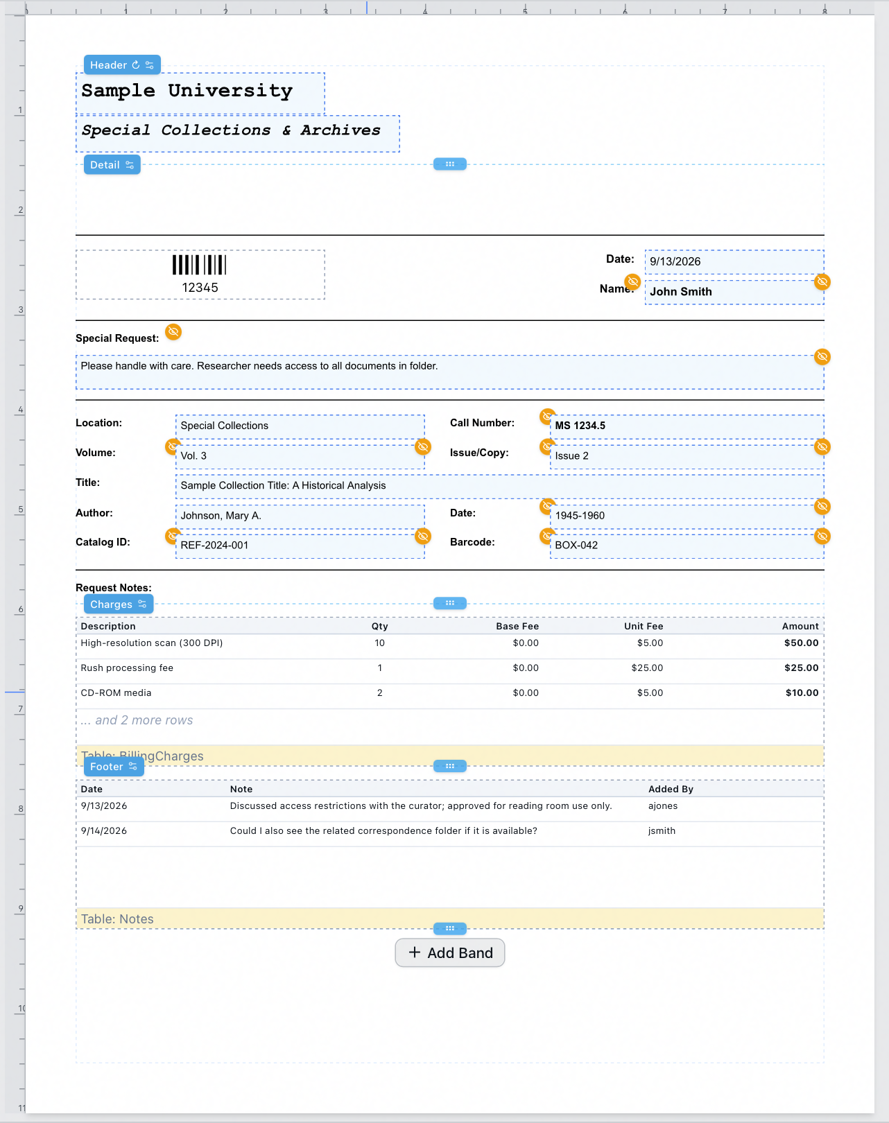 A flow template's band stack — Header, Detail, Charges and Footer chips down the left edge, the repeat marker on Header, drag handles between the bands, and the Add Band button below the stack