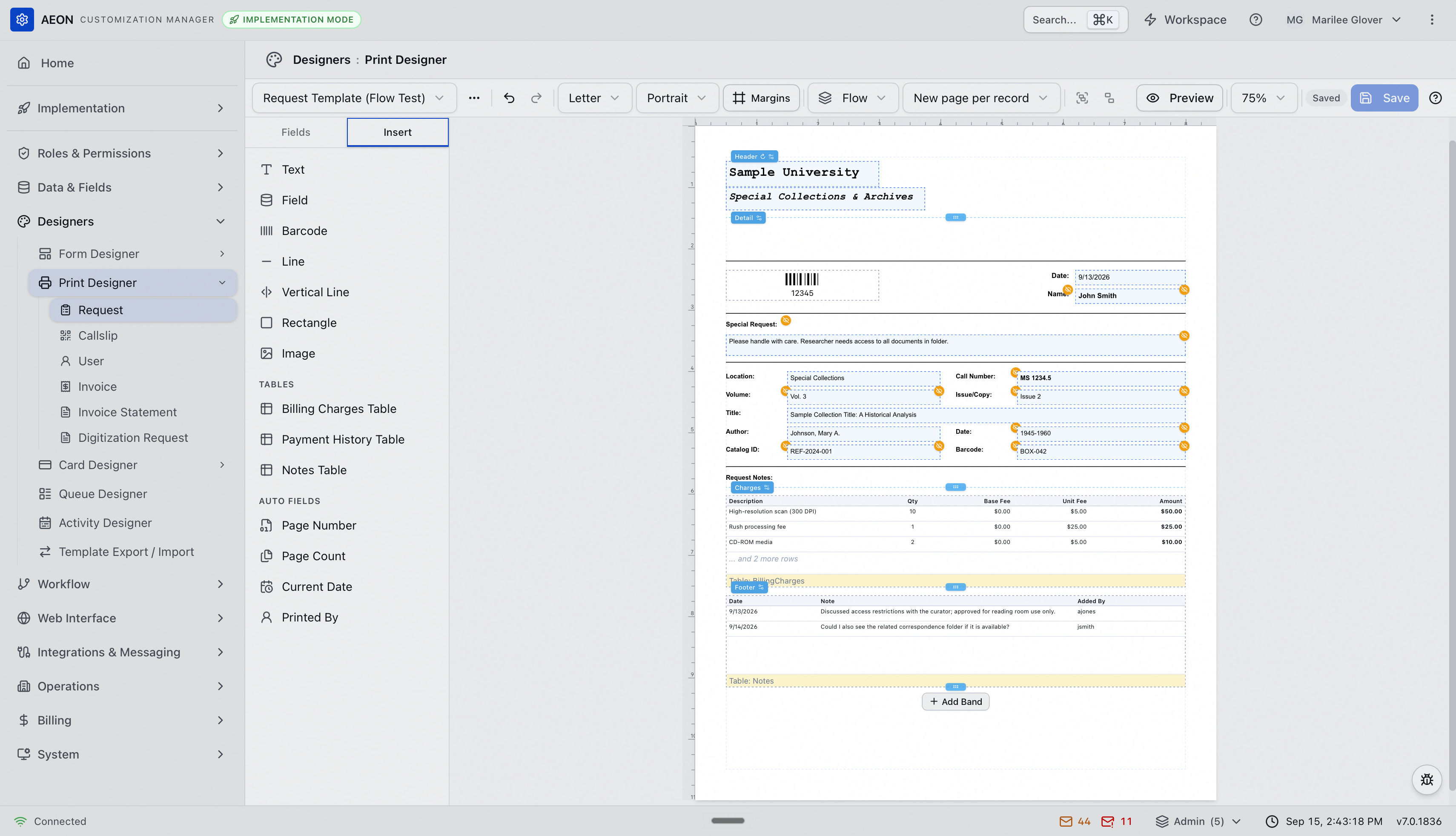 The Print Designer in Flow mode — the layout mode set to Flow and record separation set to New page per record in the toolbar, and a request template split into Header, Detail, Charges and Footer bands