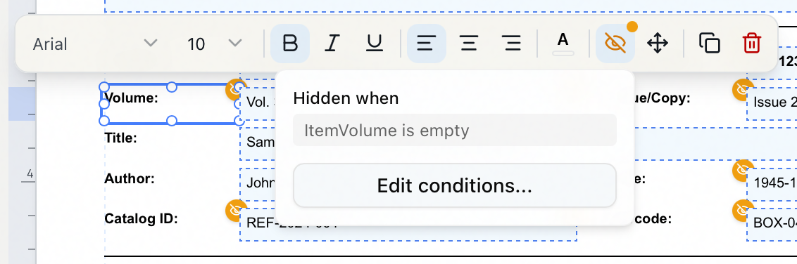 The visibility popover reading Hidden when ItemVolume is empty, with an Edit conditions button