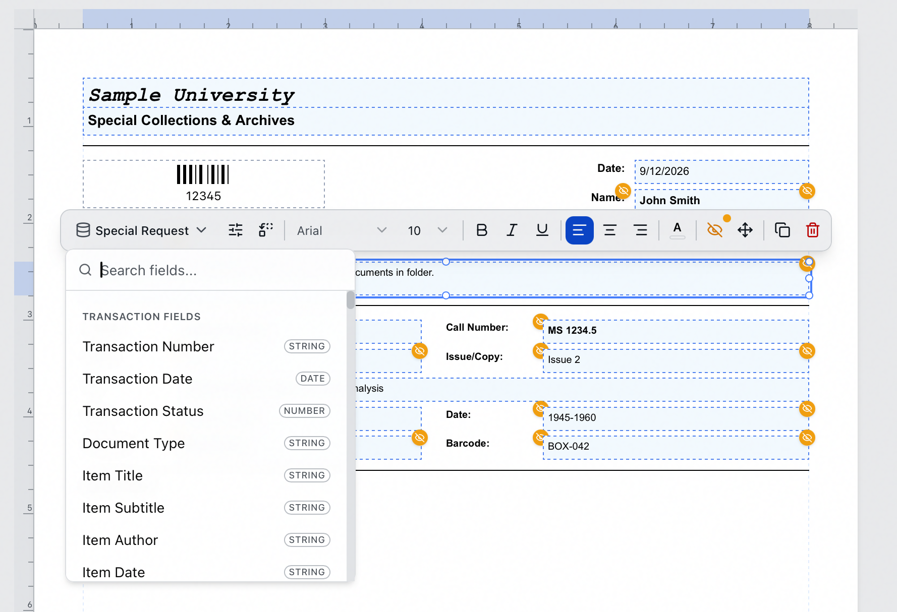 The field button's searchable field picker, grouped by category with a data-type badge on each field