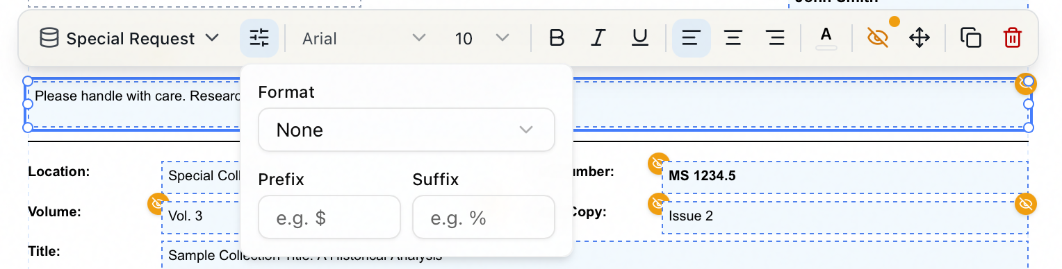 The Format popover — a Format menu set to None, with Prefix and Suffix boxes